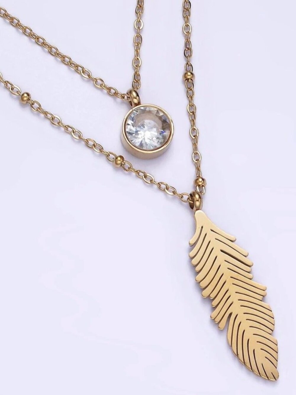 Cubic Zirconia Feather Double Layer Gold Necklace